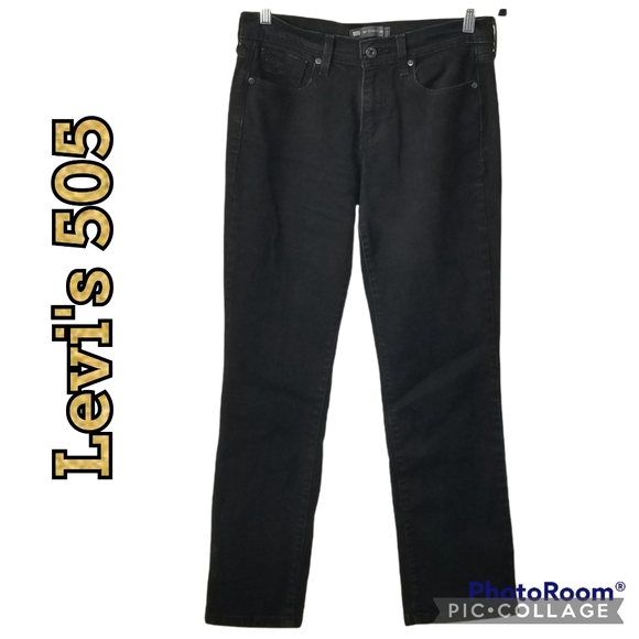 JEANS LEVI'S 505 Black Straight Leg 5 Pocket Design Zip Button Rivets Belt Loops - Picture 1 of 11